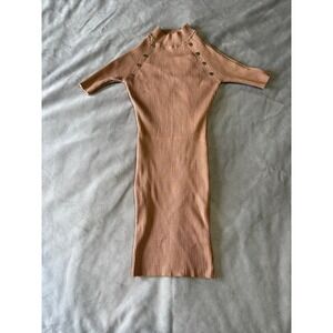 Say What? Tan Ribbed Mock Neck Bodycon Midi Dress with Button Detail Size M
